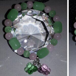 TDD Custom Made Green (Aventurine) Pink Quarts Glass Butterfly Charm Bracelet